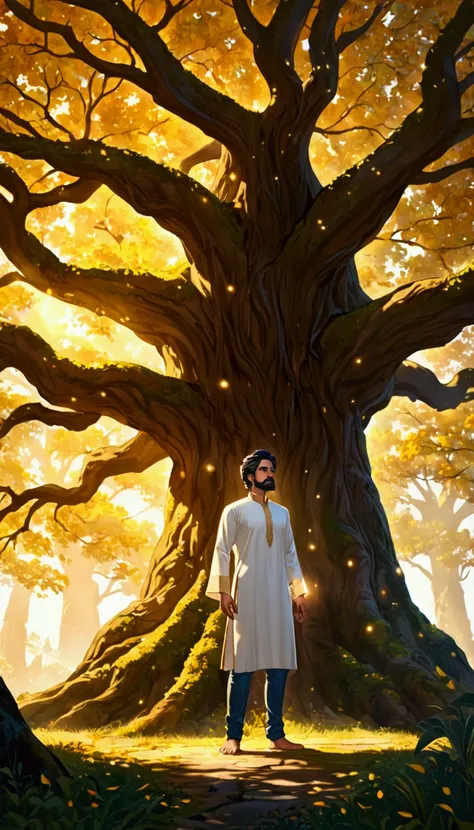 An ancient, large tree with glowing leaves, surrounded by golden light.
Ravi (white kurta, blue jeans, medium build, fair skin, short black hair, light beard) stands in front of a giant tree, amazed by its glowing branches and magical aura. His face shows ...