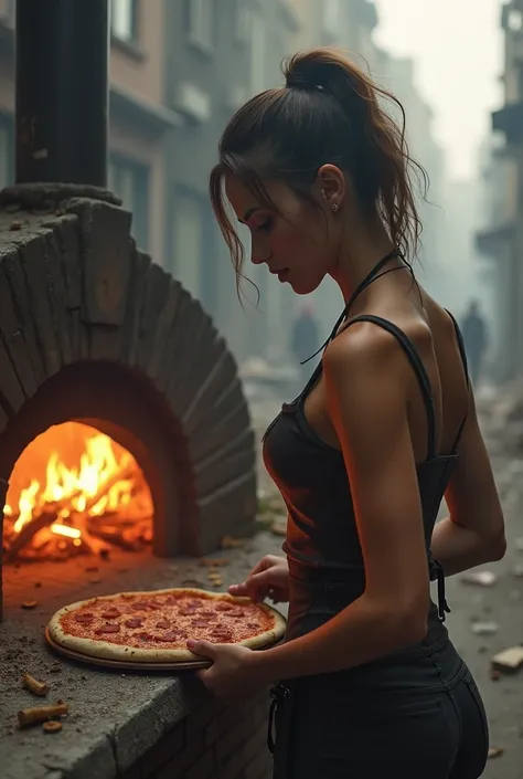 Jeune femme tres sexy avec une poitrine généreuse qui prépare une pizza napolitaine devant un four à  bois. 
Dans une rue en ruine  post apocalyptique. 