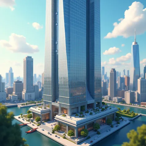 Image of modern skyscraper building exterior，Realistic style，With a little cartoon，The style is based on New York. The overall structure is composed of one building. Looking down diagonally from the top of the building, the picture is detailed.