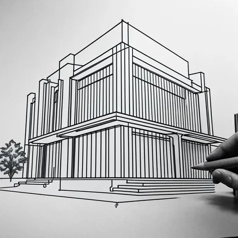 pencil drawing, architectural design process, architectural design and drawings, in the process of completion, one hand, pencil,...