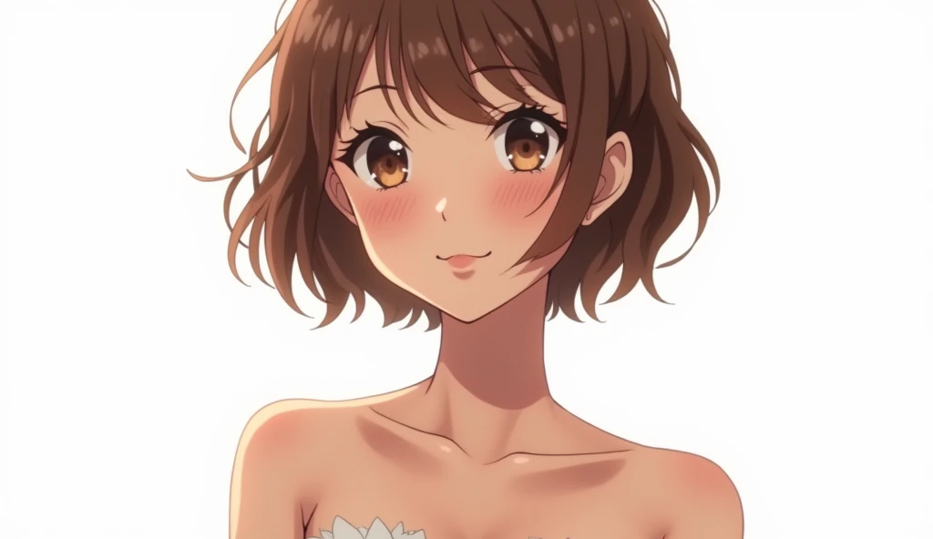 beautiful, young woman, freckles, anime drawing, bare shoulders, close up, 
(camera positioned above breasts), plain white background, great lighting, 
strapless, cinematic, short brown hair, detailed, smiling