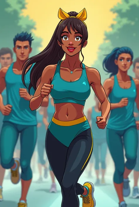 Imagine an African American anime woman with vibrant red lips that highlight her cheerful expression. Her bright yellow eyes reflect energy and determination.. Her long, straight hair, of a light brown, It is tied in a ponytail that falls backwards, while ...