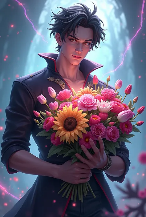 Xavier from the mlbb game, jjk style with a bouquet of flowers ( tulips, sunflowers, Lilies, roses and peonies) 
