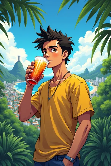 Rio de Janeiro Brazilian anime style man drinking guarana

