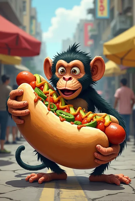 A monkey eating a large Chilean hot dog
