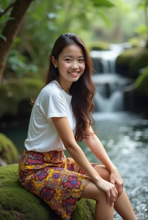 beautiful young Indonesian woman,bright white skin,cubby cheeks, gemoy,calm face, smile sweetly,wearing a white t-shirt,and batik skirt.has brown hair in a side braid,he looked forward,sitting in the river,mossy rock,small waterfall visible,Midday,good lig...