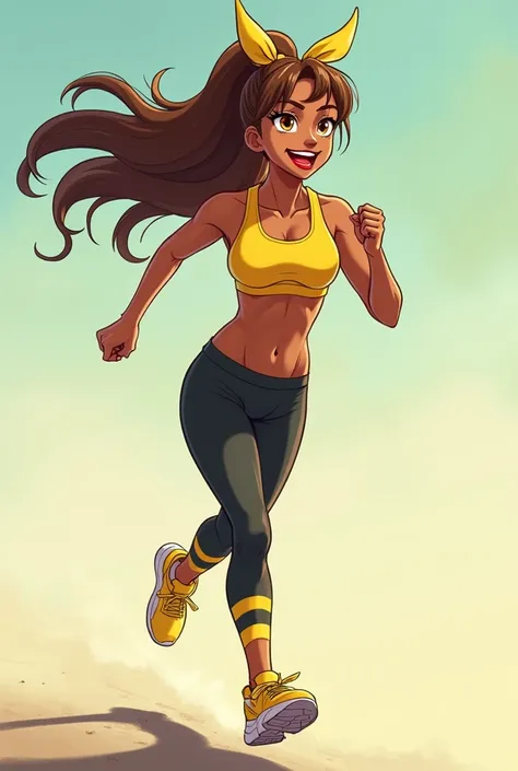 Imagine an African American anime woman with vibrant red lips that highlight her cheerful expression. Her bright yellow eyes reflect energy and determination.. Her long, straight hair, of a light brown, It is tied in a ponytail that falls backwards, while ...