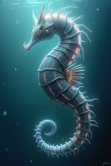 Create a character，俏皮的的AI Intelligence大海生物，Seahorse as prototype，Whale fusion，Futurism，whole body，Cybernetics，AI Intelligence，A fusion of organic life and radiant bioluminescence，A fusion of organic curves and smooth metal，Magic Inscription，，Emotions are s...