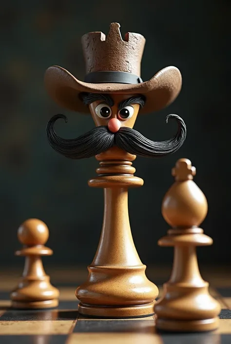 A chess king with a mustache and cowboy hat on the board with black eyes and the Queen at his side