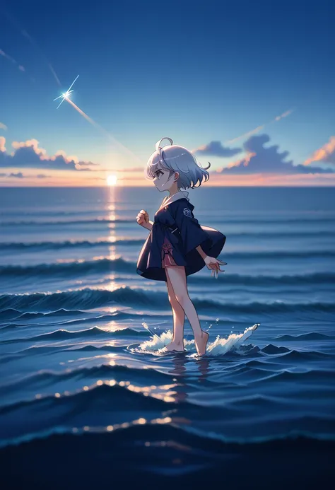 ((masterpiece, Highest quality)), at night, Thin clothing, girl, put one foot in the sea water with only your toes, girl standing, girl sideways, girl between the horizon and the sea, looking from the side, Circles radiate from the toes, The stage is about...