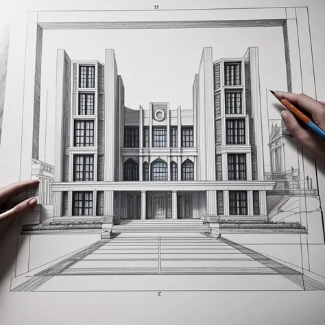 Pencil drawing, Architectural Design Process, Architectural Design And Drawings, In the process of completion, One hand holding a pencil, perspective projection, Trace-vanishing point method, Strange Architectural Designs, Weird, 