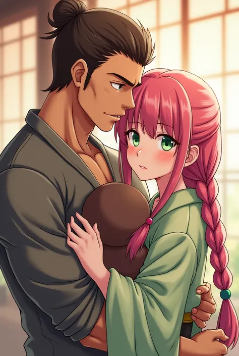 1 light brown man (green eyes), manly face, with medium long brown hair in a small ponytail athletic body (dress with canisa closed marl sleeves) hugging a woman with long pink hair predominating on the top and green hair at the ends with two braids and wi...