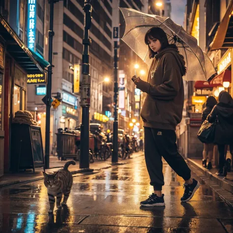 Fluffy brown cat, Highly detailed cat and fur,bustling street、 Wearing a hoodie,Walking down the street with an umbrella in hand, Highly detailed images,, Atmospheric light, 50mm lens、