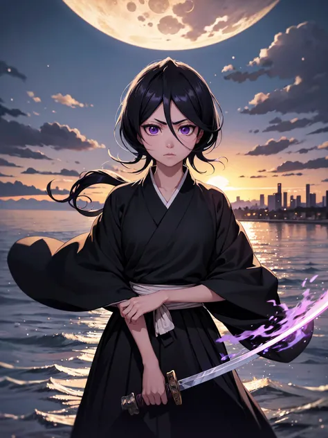 best quality, work of art, Image resolution 1080p, work of art altamente detalhado, with detailed face, detailed body, detailed landscape, saturated colors. Rukia Kuchiki a reaper girl wielding a sword. With short black hair and purple eyes wearing a black...