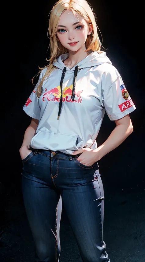 a red bull racing hoodie with various logos and logos on it, oracle red bull racing, 1girl, breasts, solo, blonde hair, long hair, smile, black background, looking at viewer, large breasts, blue pants, blue eyes, ring, hands in pockets, 