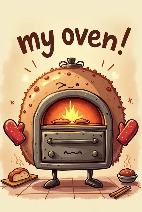 Create a character that is a drawing of a baking oven and has a text that says my oven
