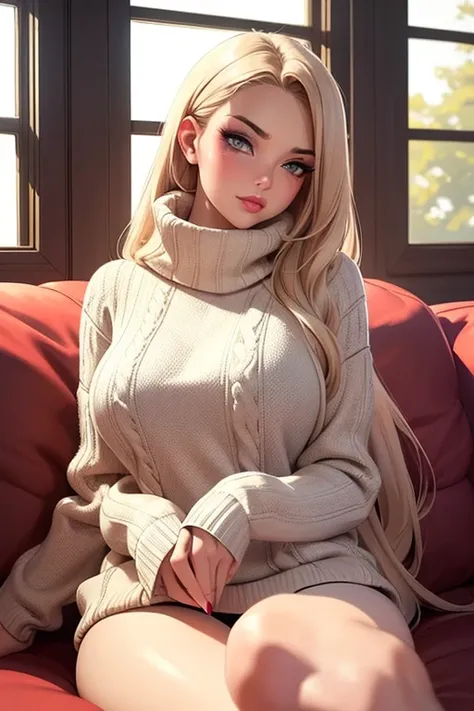 Sexy woman, perfect hair, amazing makeup, seductive gaze, blushing intensely, ready to kiss, long oversized sweater, sitting comfortably on couch, window, natural light beaming through window, beautiful face, seductively gazing at us, very seductively prov...