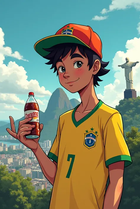 Moleque moleque a favelado lá no morro da favela 

 Rio de janeiro 
brasileiro estilo anime  bebendo guaraná
Atrás o Cristo Redentor atrás dele 
🤙🤙 Ele tá com a camisa do para o Brasil e o chapéu do Flamengo 

