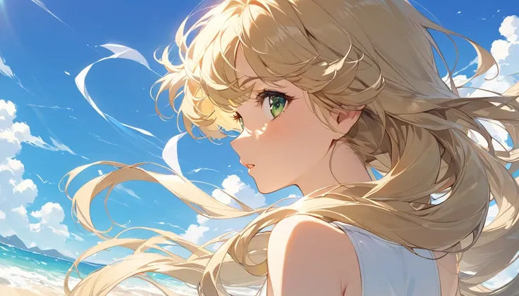 a cute girl from 1980s japan, 1 girl looking back under the summer beach,blowing winds,summer white onepiece,yellow curly long hair,green eyes,looking front,closeup, facing the viewer."