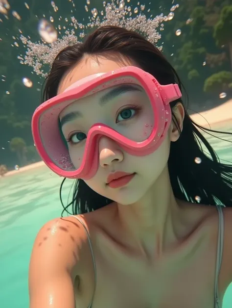 asian lady, pink snorkel mask, dirty snorkel mask, wet, ocean