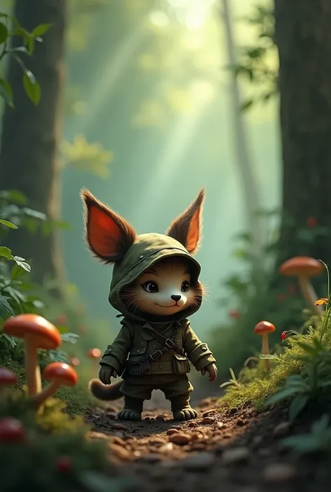 ((dark fantasy realism by Bartolome Murillo)) ((small yordle scout with an enigmatic expression)), solo, ((crouching in a lush forest)), mysterious scene, dappled sunlight, bright eyes filled with curiosity, half-turned gaze to the viewer, wearing a detail...