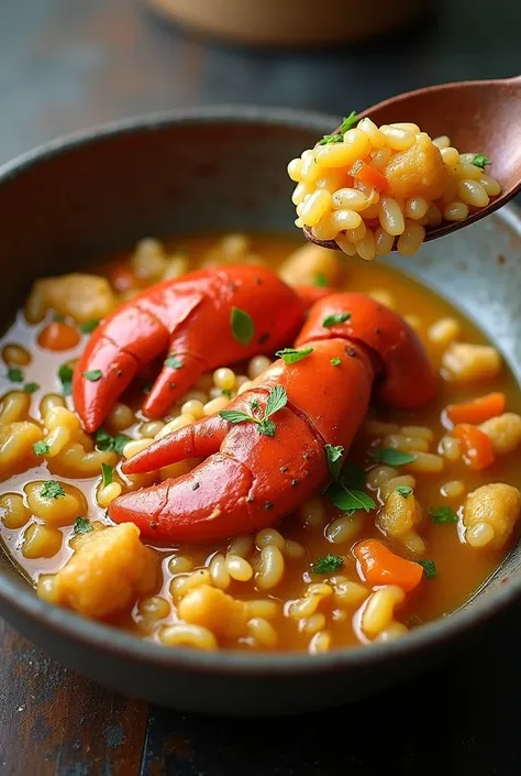 Rice with LobsterHistory: This dish is typical of the Spanish coasts, where lobster is used in festive recipes. Rice soup is a rich and juicy preparation., that takes advantage of the best of the sea and the land.Motivational phrase: "A brothy hug that tra...