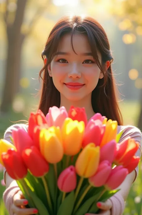 Lisa from blackpink giving away colorful tulips 