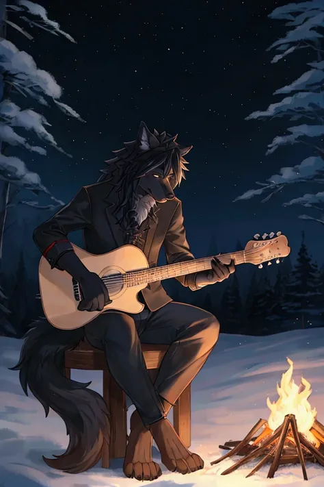 Black wolf, male, playing guitar, night, stars, campfire