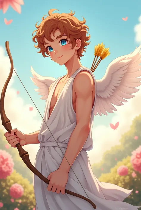 "Depict Eros, the Greek god of love, as a 1 young man in an anime-style illustration. He has soft, wavy hair in a rich shade of chestnut and sparkling blue eyes that radiate warmth and charm. Eros is portrayed with two delicate angelic wings sprouting from...