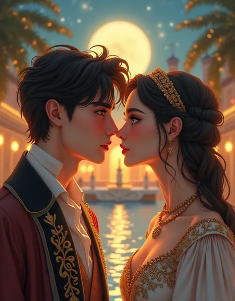 a couple in the arabian nights world, persian miniature style, shoujo manga, sweet and delicate world, a majestic 2 prince and a modern 1 girl, relaxing moment in an oasis, a blissful rendezvous, paradise, moon, evening cool breeze, beautiful detailed eyes...