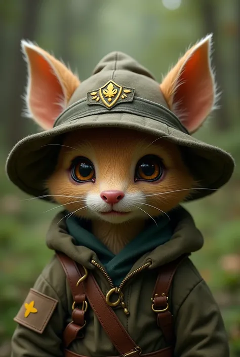 ((dark fantasy realism by Bartolome Murillo)) ((small yordle scout with a curious expression)), torso only, ((gazing directly at the viewer)), expressive eyes shining with mischief, detailed facial features, wearing a finely crafted camouflaged outfit, sof...