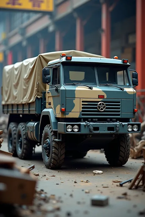 (IMAGEN DE ALTA CALIDAD, alta definición, 16k, f, A hyperrealistic photo of a new Chinese military truck ERPC with a tarpaulin cover. The truck has 8x8 wheels and is painted in a camouflage pattern of blue, dark blue, and beige. The truck is in the backgro...