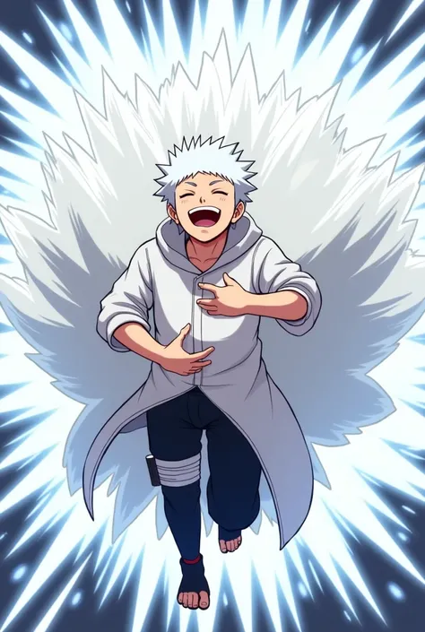 Naruto baryon mode with white hair laughing a lot with his hand on his belly, flying and releasing white aura with rays