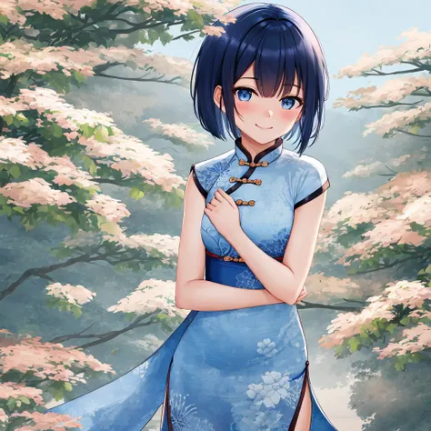 China，Single, blushing, blue eyes, Smile, Mouth, short hair, Bangs, 