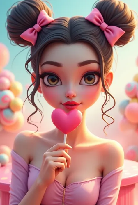 As an expert in the creation of 3D digital art of fantasy and realism, Create a vibrant and stylish digital illustration 1 woman looking straight ahead, a hairstyle with 2 long buns, lips full of sweet, in his mouth with a heart-shaped lollipop, with shiny...