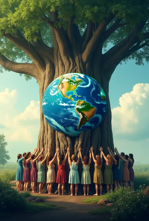 Poster where people have unity and carrying the Earth with a background of a big tree