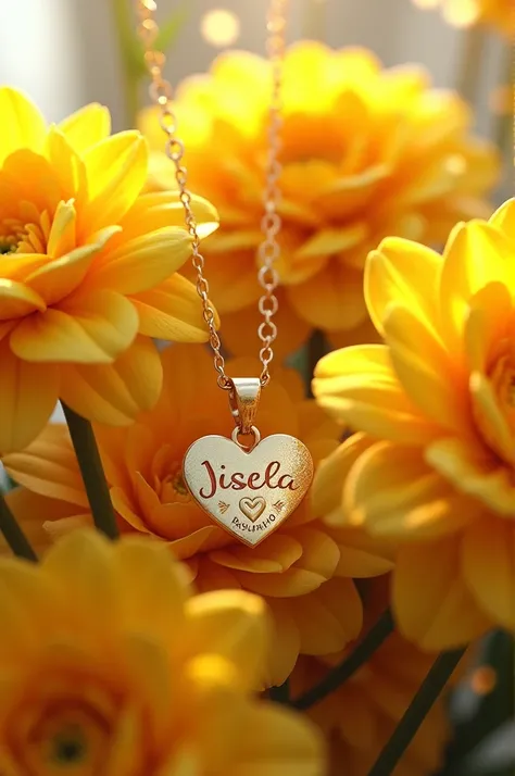 Bouquet of yellow flowers with a gold necklace with the name Jisela Pajarito and hearts and below the name Gustavo in small letters 