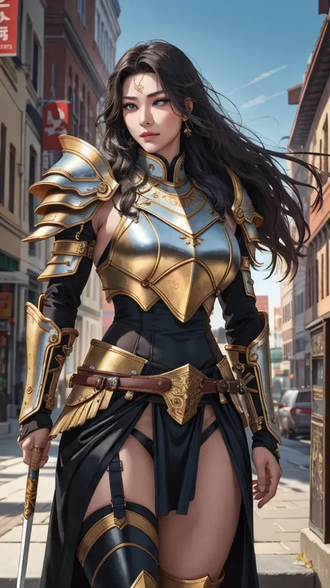 Realistic 1.2, (work of art), (best quality), perfect eyes, perfect face, Volumetric lighting, 1 , tall warrior, an asian girl, sexy, athletic body, Long hair, heavy armor, huge shoulder pads, layer, waist belt, spear, leather panties, stern expression, li...