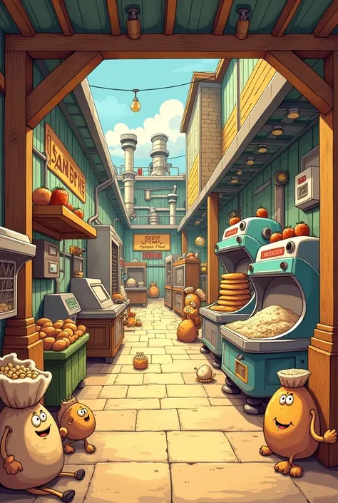 Make a cartoon of a bread factory showing machinery, bags of wheat and sugar. 