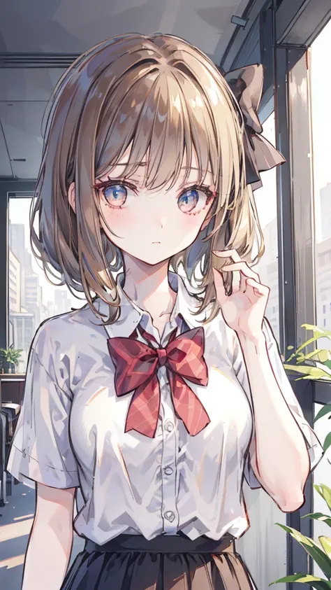 (Extremely refined: 1.2), 1 Girl, Fashion Girl, Bangs, Beautiful eyes, bow, Brown hair, Shut up, sideways, Hair between the eyes, hair bow, Short sleeve, Looking at the viewer, Medium Length Hair, Solitary, Upper body, School Uniform: 1.3, ((Solitary)), (m...