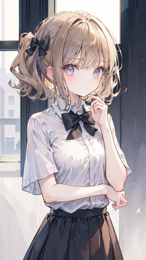 (Extremely refined: 1.2), 1 Girl, Fashion Girl, Bangs, Beautiful eyes, bow, Brown hair, Shut up, sideways, Hair between the eyes, hair bow, Short sleeve, Looking at the viewer, Medium Length Hair, Solitary, Upper body, School Uniform: 1.3, ((Solitary)), (m...