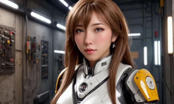 a cute yuna, beautiful detailed eyes, beautiful detailed lips, extremely detailed face and skin, long eyelashes, sexy technician outfit with frayed edges and many holes, grease smudges, studying a mechs technical readouts on a wall, architectural design of...