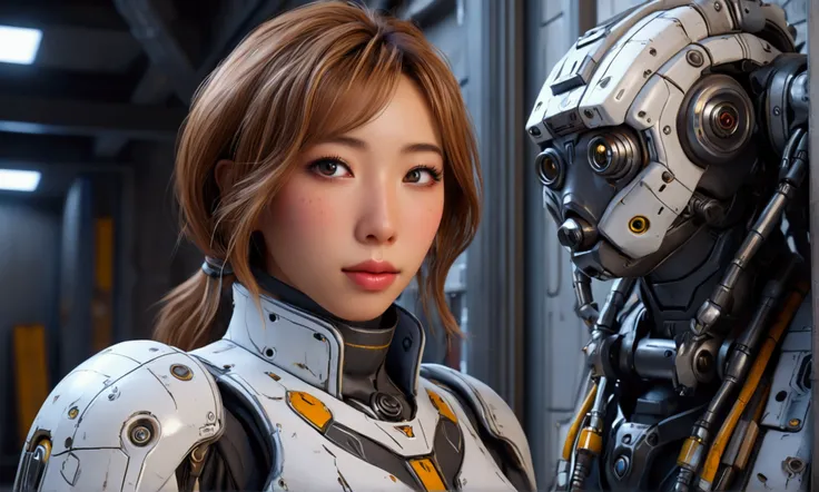 a cute yuna, beautiful detailed eyes, beautiful detailed lips, extremely detailed face and skin, long eyelashes, sexy technician outfit with frayed edges and many holes, grease smudges, studying a mechs technical readouts on a wall, architectural design of...