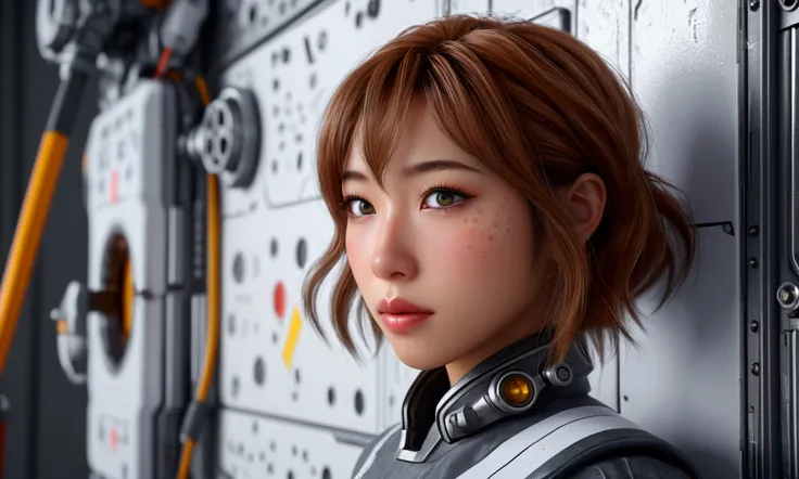 a cute yuna, beautiful detailed eyes, beautiful detailed lips, extremely detailed face and skin, long eyelashes, sexy technician outfit with frayed edges and many holes, grease smudges, studying a mechs technical readouts on a wall, architectural design of...