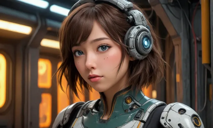 a cute yuna, beautiful detailed eyes, beautiful detailed lips, extremely detailed face and skin, long eyelashes, sexy technician outfit with frayed edges and many holes, grease smudges, studying a mechs technical readouts on a wall, architectural design of...