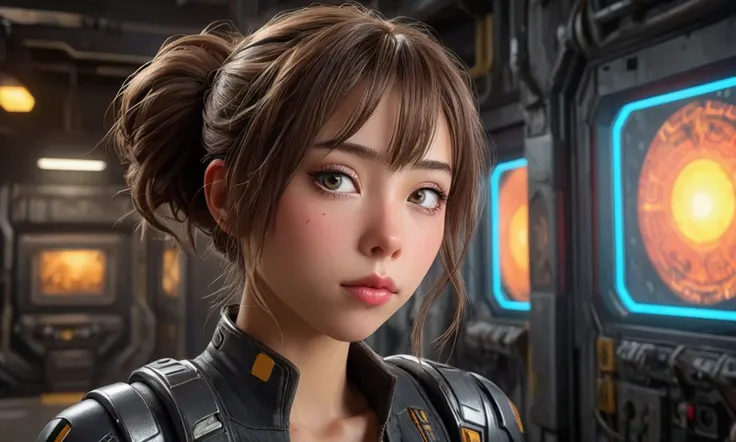 a cute yuna, beautiful detailed eyes, beautiful detailed lips, extremely detailed face and skin, long eyelashes, sexy technician outfit with frayed edges and many holes, grease smudges, studying a mechs technical readouts on a wall, architectural design of...