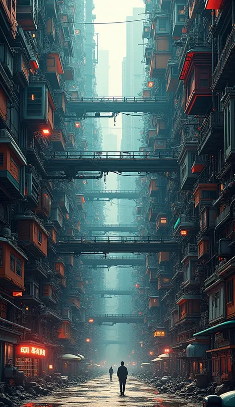 Super realistic illustration, Detailed Pop art, Chaos Architectural Design like Kowloon Walled City, Applying futuristic lighting and textures, tilt-shift