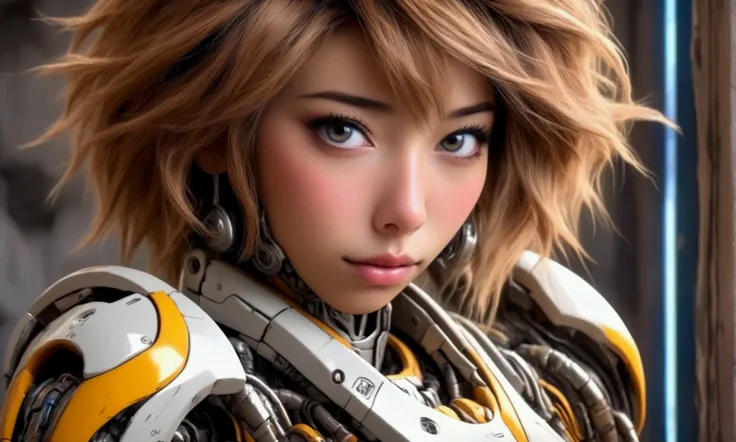 a cute yuna, beautiful detailed eyes, beautiful detailed lips, extremely detailed face and skin, long eyelashes, sexy technician outfit with frayed edges and many holes, grease smudges, studying a mechs technical readouts on a wall, architectural design of...