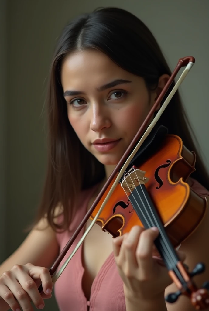   Brazilian brown woman with a round face and small, slightly slanted eyes with a medium-sized, long nose and long, straight hair parted on the side in dark brown with a medium body playing the violin wearing a modest Rose dress 
