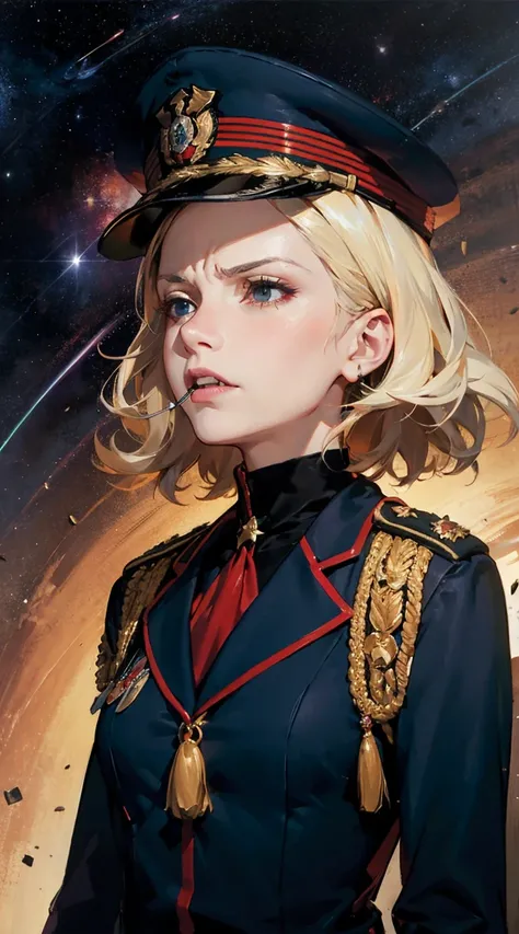 Mature Russian woman, looking down in disgust, muscular, military coat, space naval commander’s coat flowing, furious expression, glaring, gritting teeth, short curly white hair, admiral’s cap, tassels, ray tracing, Gurren Lagan style,Horror Art, mystical ...